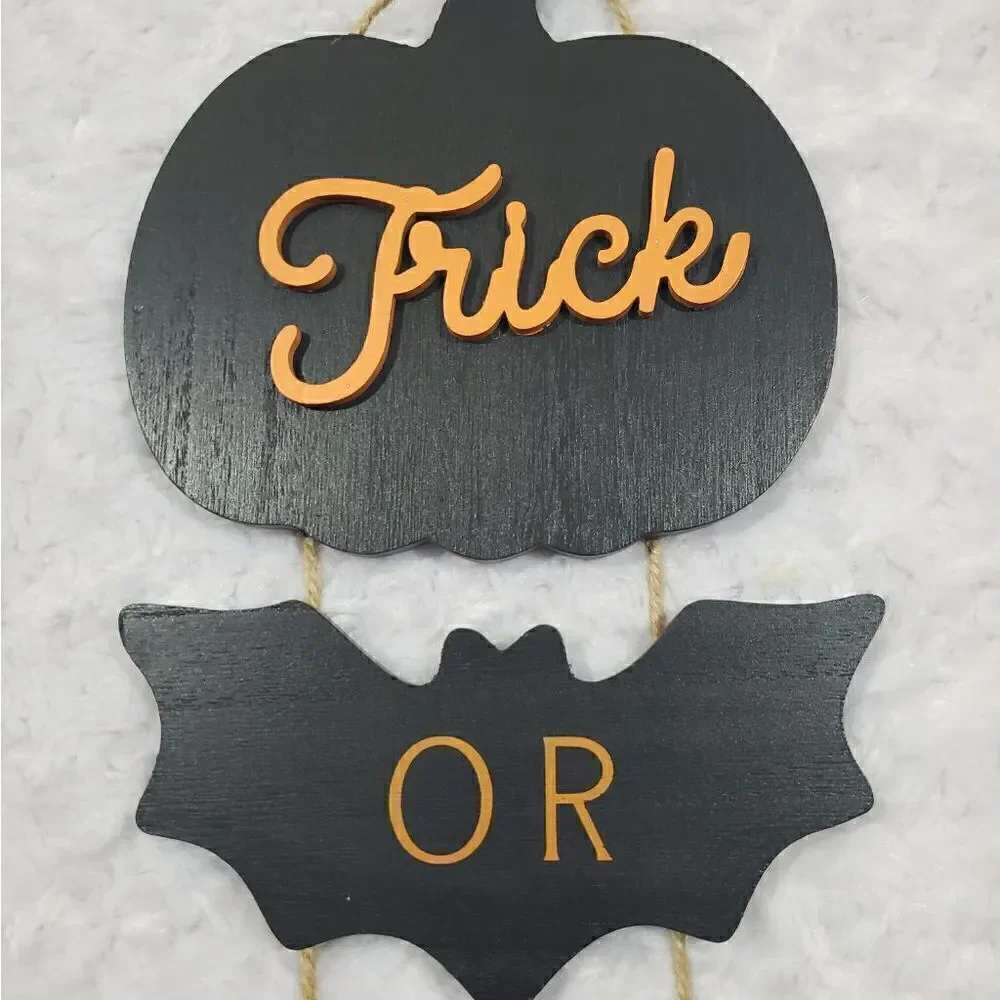 Halloween Trick or Treat fall seasonal wall decor with pumpkin and bat